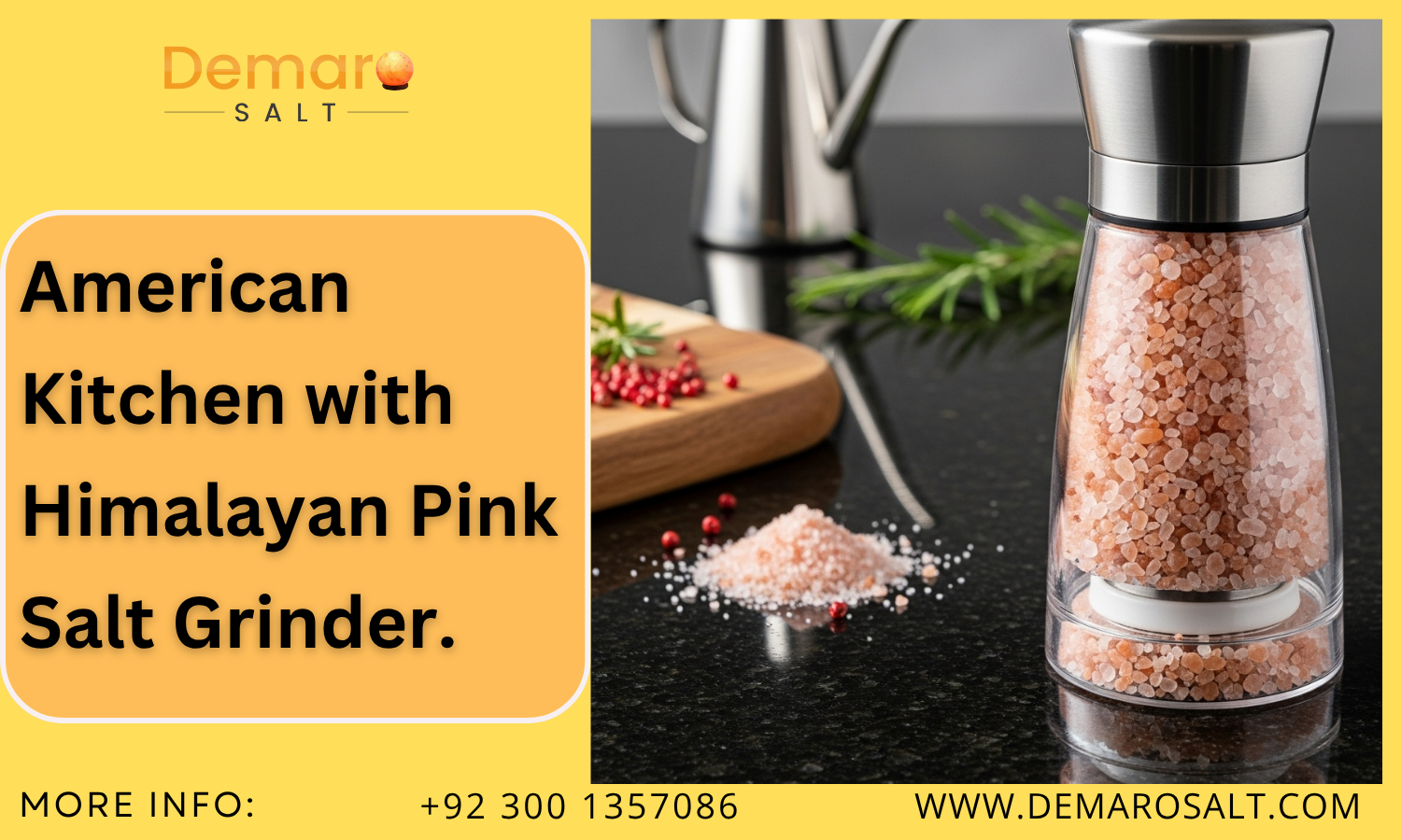 Himalayan pink salt grinder on a modern American kitchen counter