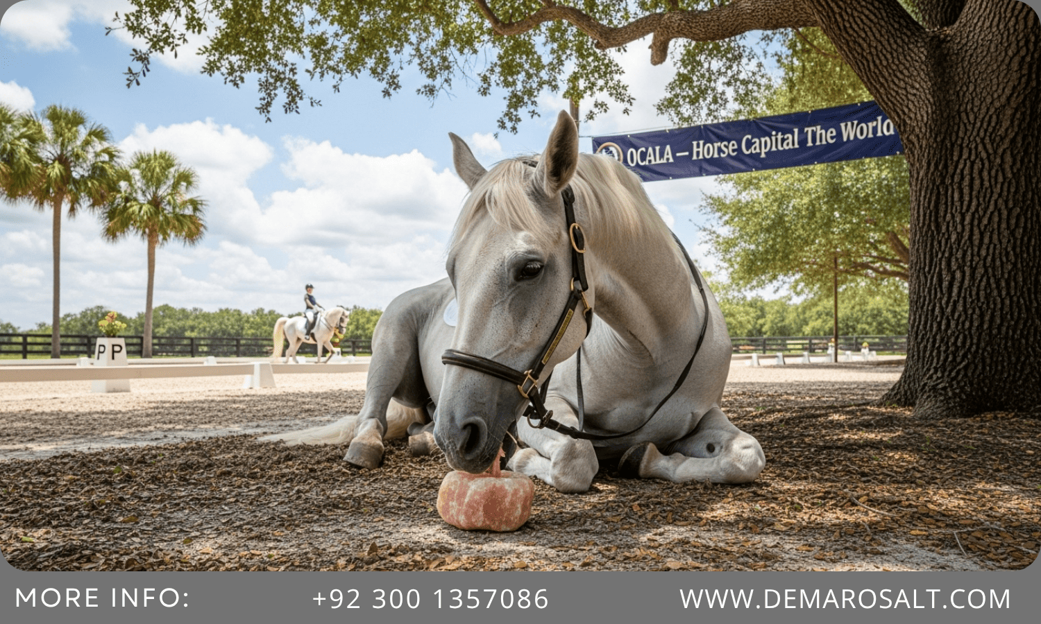 White horse near a shaded oak tree licking a Himalayan salt lick at Florida Horse Park in Ocala.