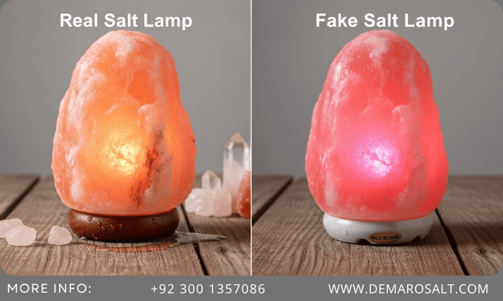 Side-by-side comparison of a real Himalayan salt lamp with a rough, natural texture and warm glow next to a fake one with a glossy surface and bright artificial color.