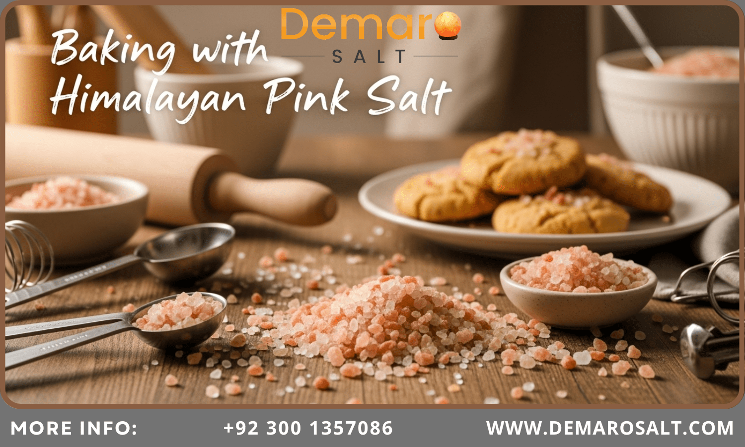 Himalayan pink salt scattered on a wooden table with cookies and baking tools in a rustic kitchen setting.