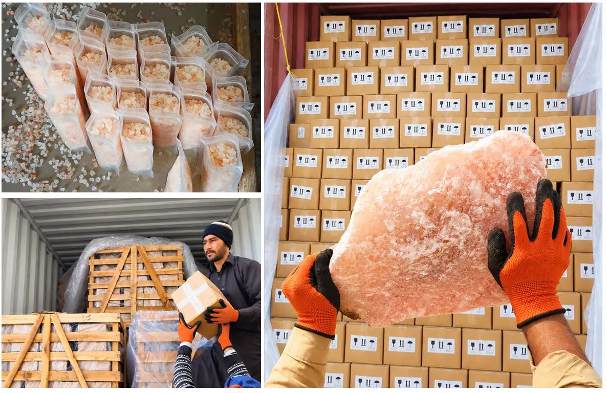 Demaro Salt workers packing and loading cartons of Himalayan salt into an export container