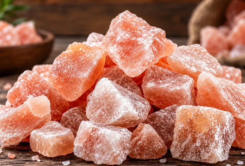 Raw Himalayan pink salt chunks sorted at the Demaro Salt facility in Qaidabad, Pakistan