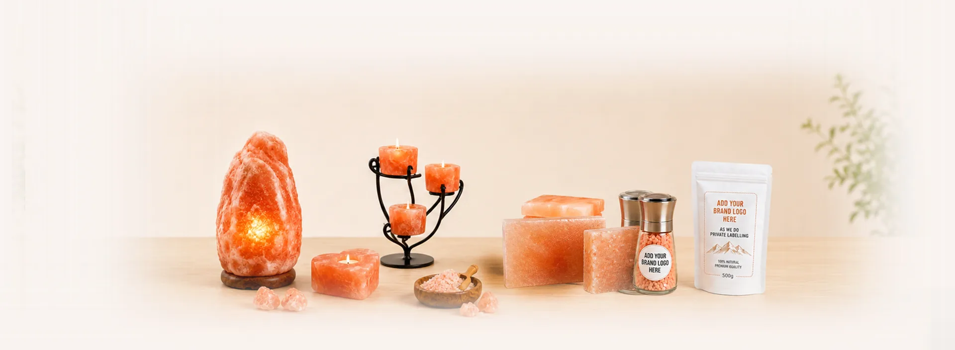 Himalayan salt lamp, candle holders, salt bricks, salt grinder and private label pouch
